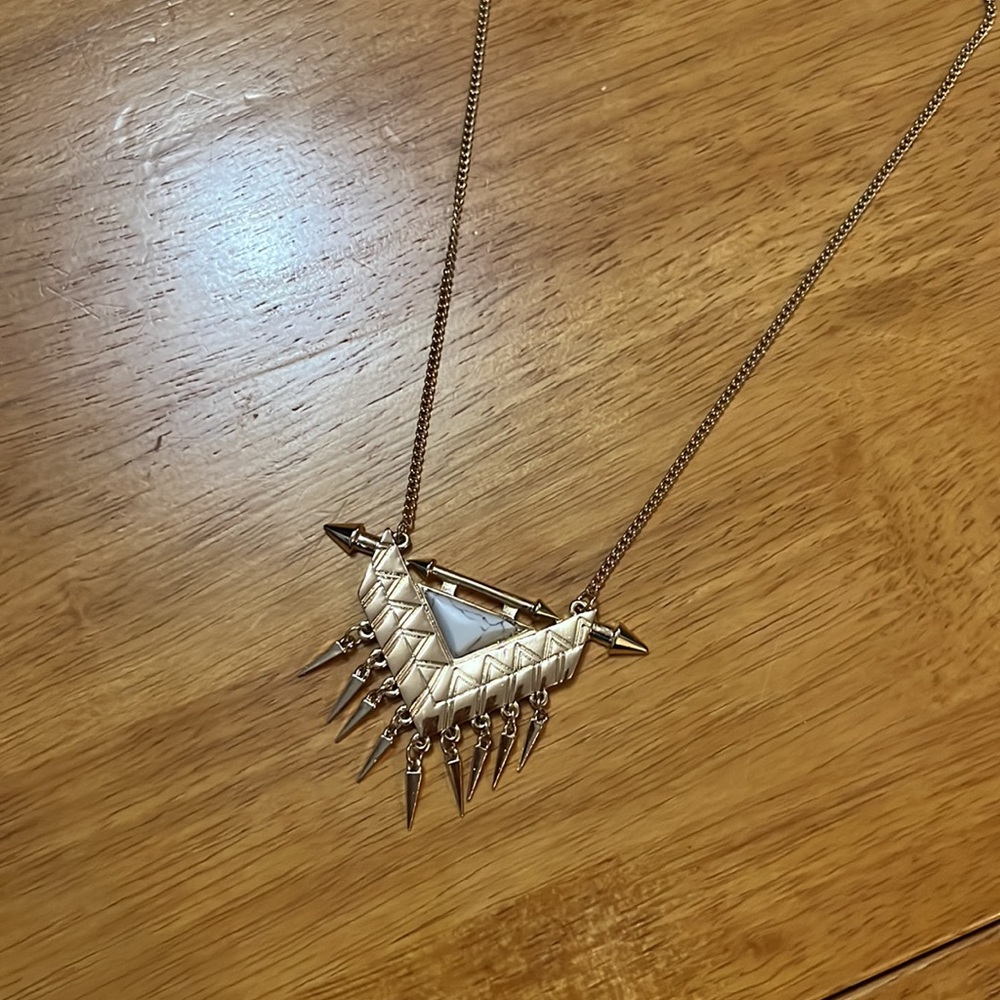 Tribal Triangle Banner with Spike Tassels Adjustable Necklace Gold Tone Stone